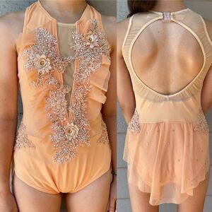 Glamour solo custom dance costume lyrical peach rhinestone mesh dress CXL adu XS